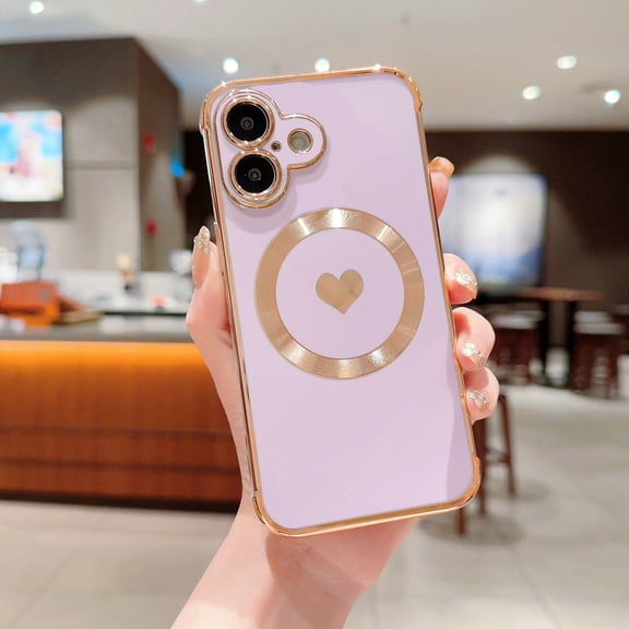 For iPhone 17 Cute Love Heart Pattern Phone Case for Women Girls,Compatible with Magsafe Wireless Charging,Luxury Plating Edge Soft Silicone Shockproof Slim Phone Case,Purple