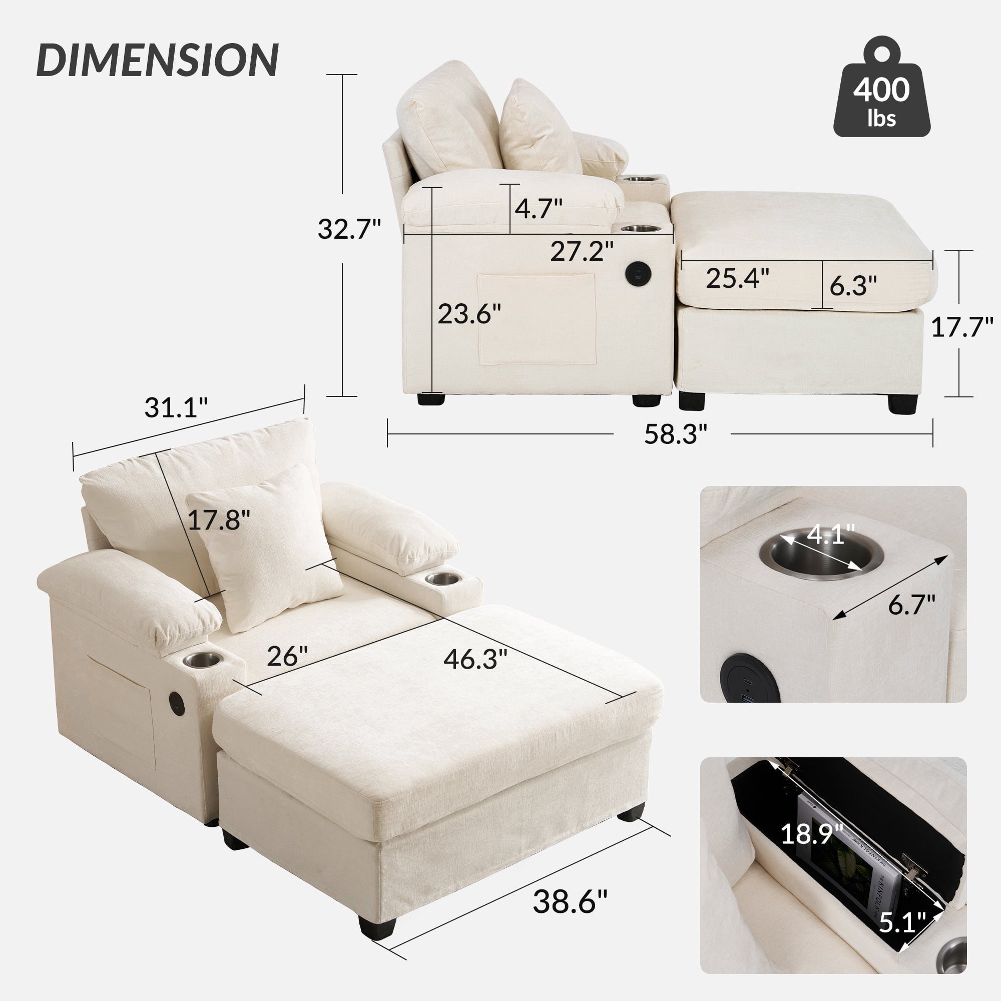 Aukfa 58" Chaise Lounge Oversized Sofa Chair with 2 Cup Holders&USB Ports, Chenille, Beige