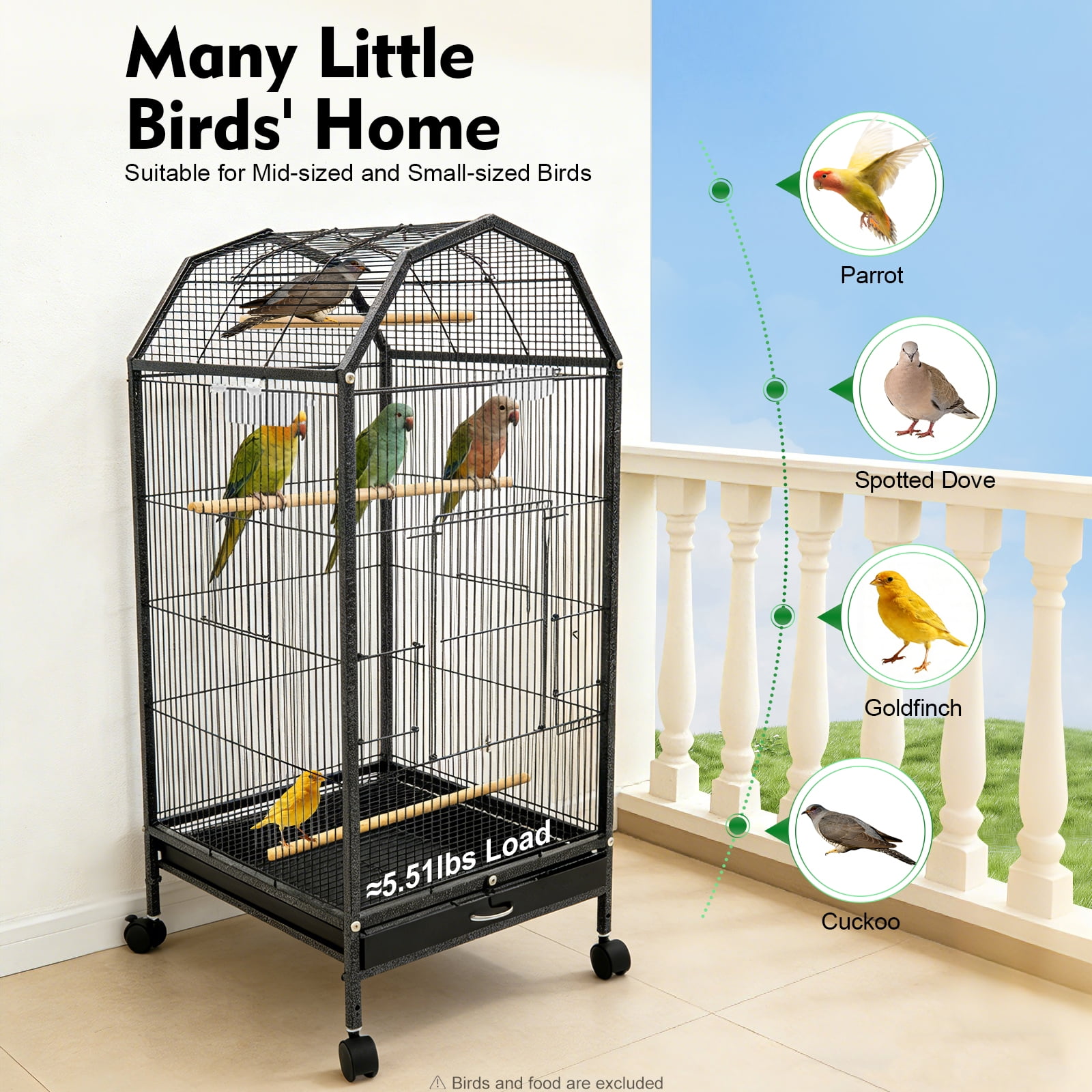 17.9 x 17.9 x 39.9 Metal Bird Flight Cage, 360° Full Hollow Parakeet Bird Cage with Stand Large Finch Bird Cage for Conure Canary Parekette Macaw Finch Cockatoo Budgie Parrot Pet House