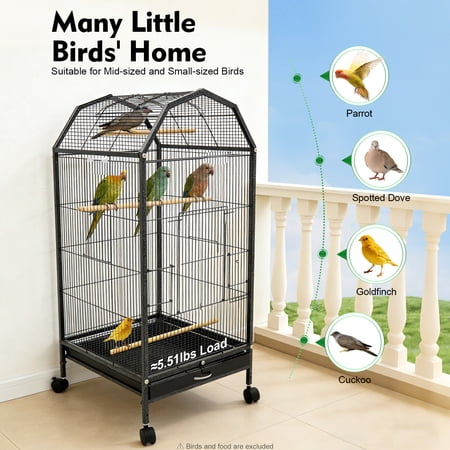 17.9 x 17.9 x 39.9 Metal Bird Flight Cage, 360° Full Hollow Parakeet Bird Cage with Stand Large Finch Bird Cage for Conure Canary Parekette Macaw Finch Cockatoo Budgie Parrot Pet House