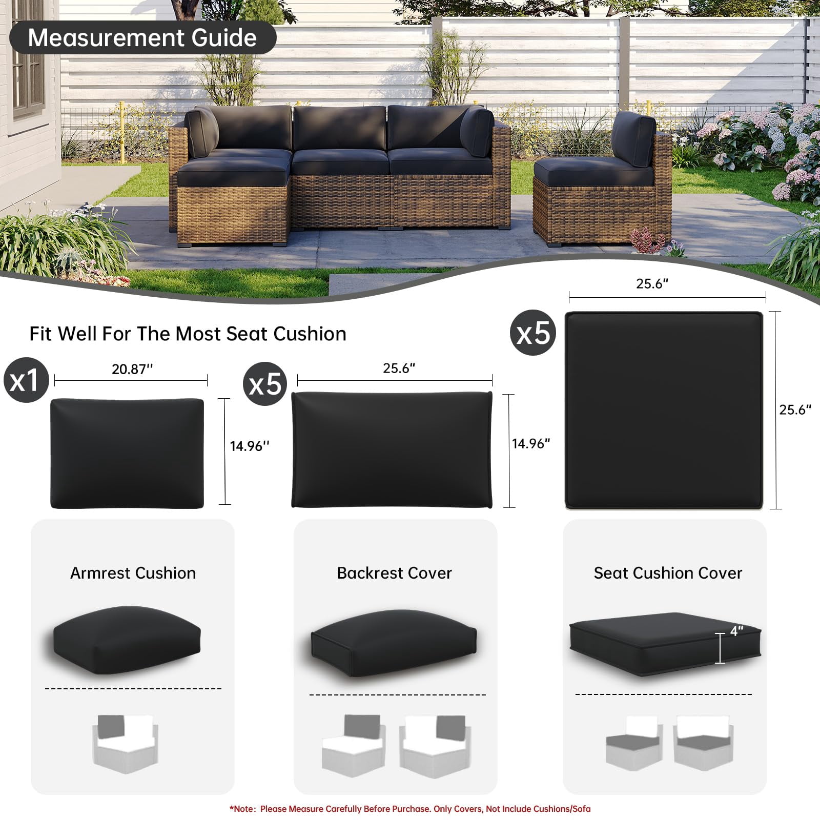 Clouddwell 11-Piece Outdoor Cushion Slipcovers Replacement for 5-Seat Wicker Sectional-Waterproof, Non-Slip Bottom (Black)