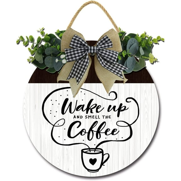 Eveokoki 12" Wake Up And Smell the Coffee Bar decor sign Rustic Farmhouse Wooden Round Retro Coffee Bar Decor Coffee Lover Coffee Station Decor Home Office Kitchen Wall Decor