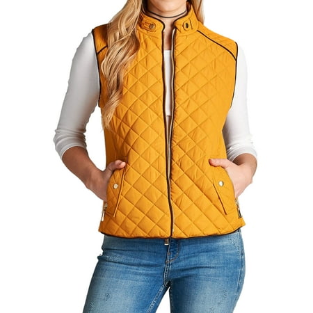Quilted Womens Vest Women & Juniors Quilted Padding Lightweight Vest Jacket with Suede Pipping Details and Side Pockets ()