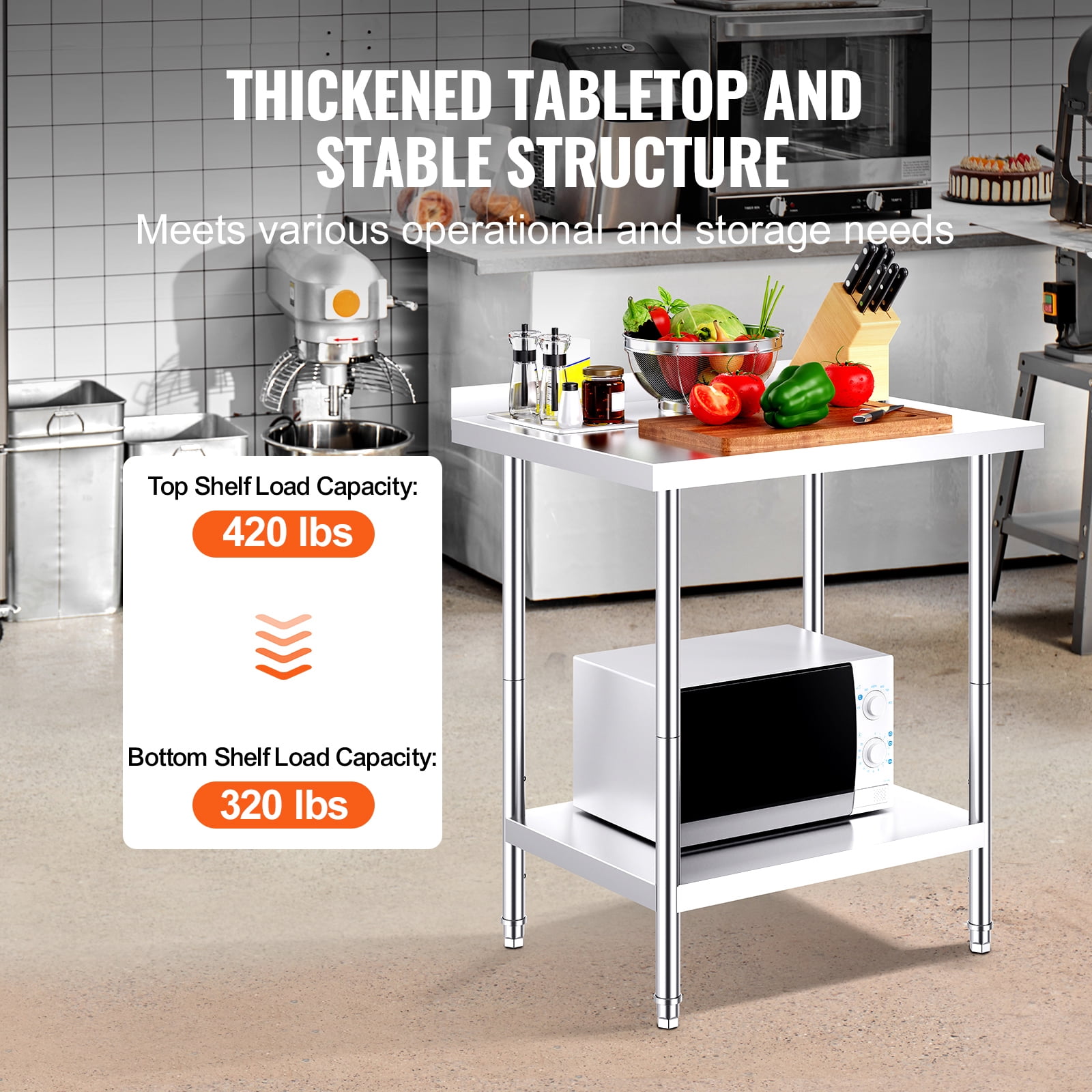 KFFKFF 30" x 24'' Stainless Steel Work Table, Commercial Work Table with Backsplash, Adjustable Height, Ideal for Food Preparation in Restaurants, Homes, and Hotel