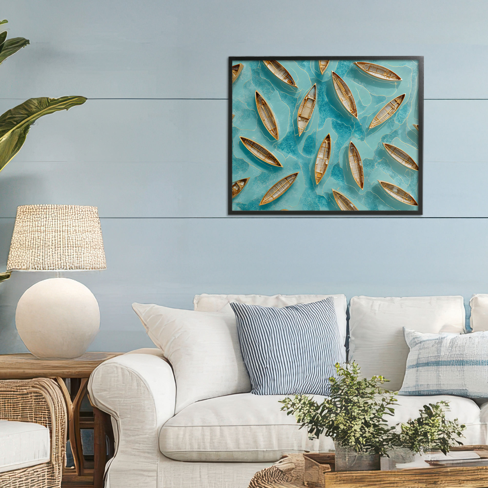 Harmonious Canoes on Water Black Framed Giclee Art, design by Franklyn Gregory
