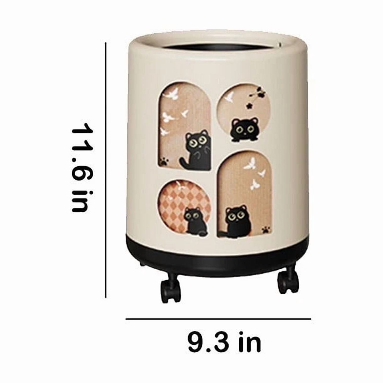 DFS 12L Compact Trash Can with Lid and Wheels, Space Saving Cat Design Trash Bin with Odor Control for Home, Bathroom, Office