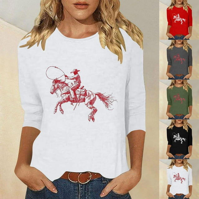 PEONAVET 3/3054 Length Sleeve Womens Tops, Women's 3/4 Sleeve Western Style Printed Casual T-shirt