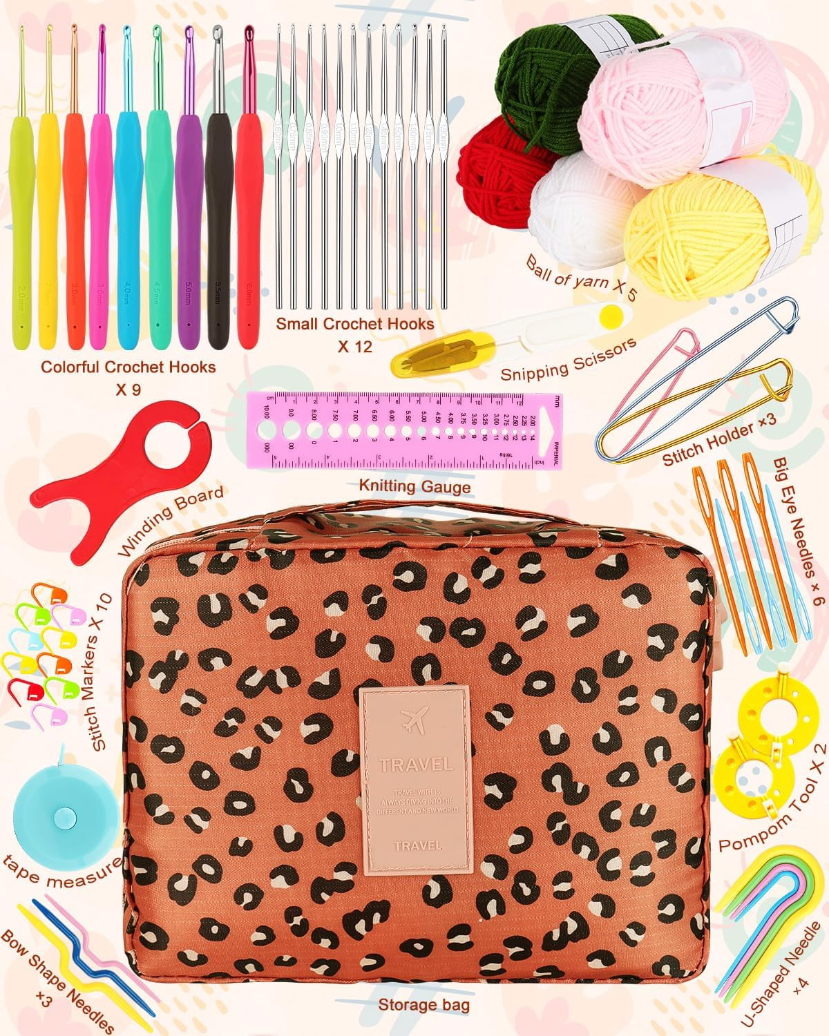 Crochet Kit Beginners Hook Set with Yarn,58PCS Portable Ergonomic Hooks Travel Knitting Supplies