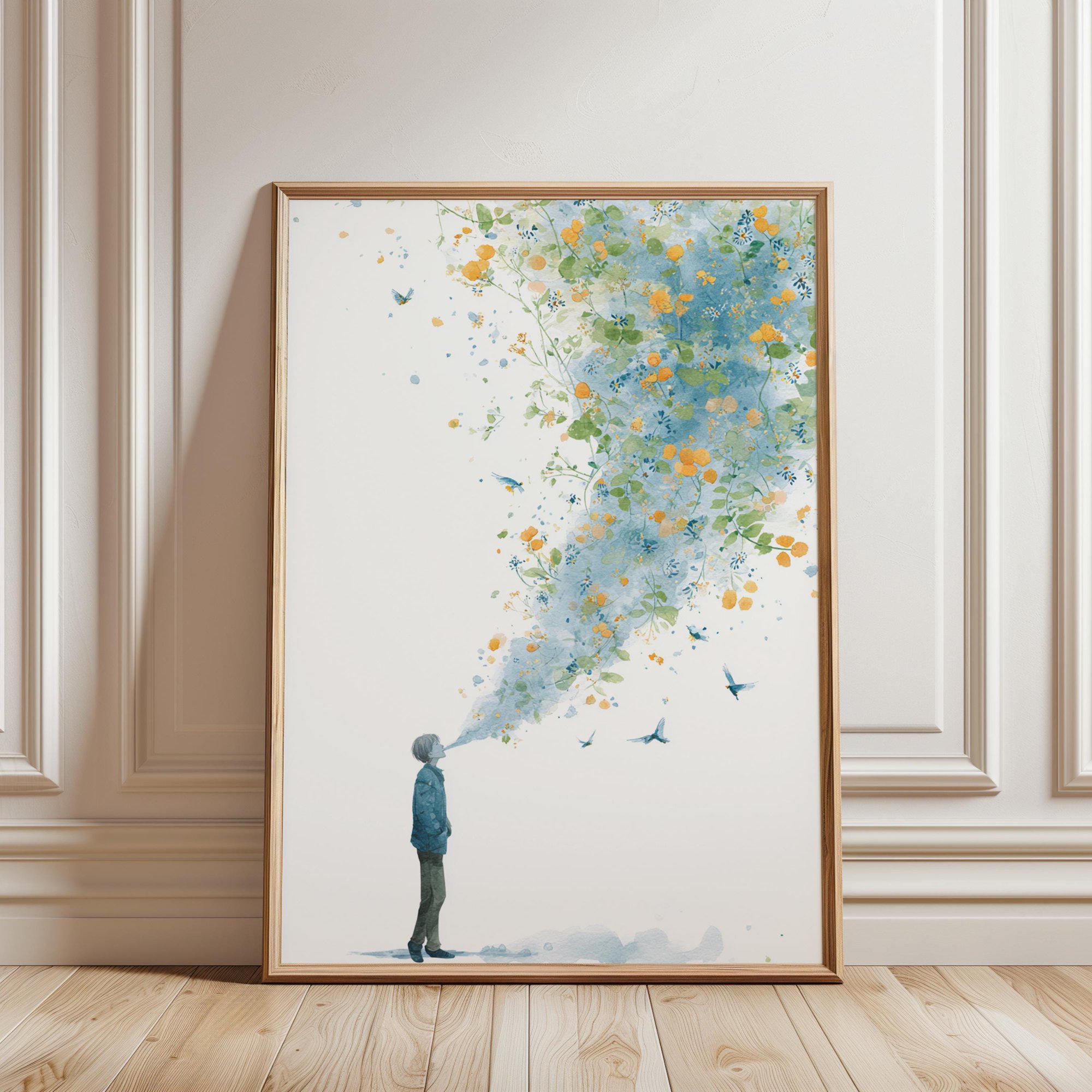 Botanical Breeze Illustration With Birds And Flowers Minimal Art Print Home Decor Office Wall Art