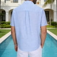 thumbnail image 5 of Men's Cotton Linen Polo Shirts Short Sleeve Striped V Neck Shirt Collared Beach Shirts Light Blue, 5 of 8