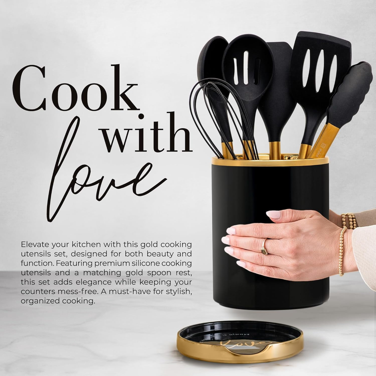 Styled Settings Black and Gold Kitchen Utensils Set – 8 Piece Silicone Cooking Utensils with Gold Handles, Black Ceramic Utensil Holder and Spoon Rest, Nonstick Safe and Heat Resistant