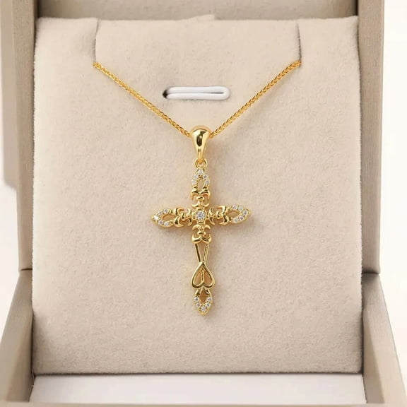 1 Ct Round Cut Natural Moissanite Simple Cross Pendant 14K Yellow Gold Plated