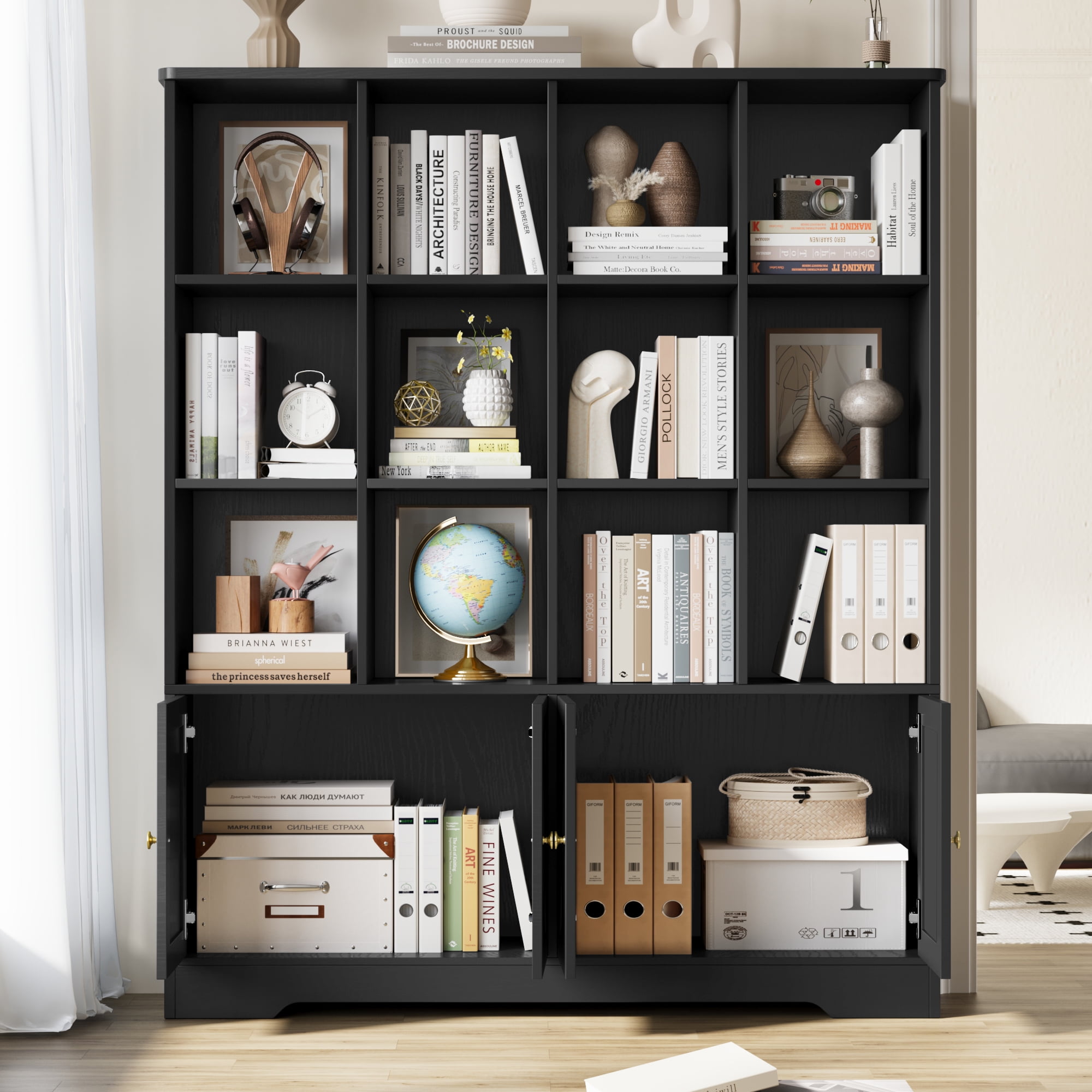 Homfa 12 Cube Double Wide Bookcase with Doors, 3 Tier Library Cabinet & Bookshelves for Home Office Living Room, Black