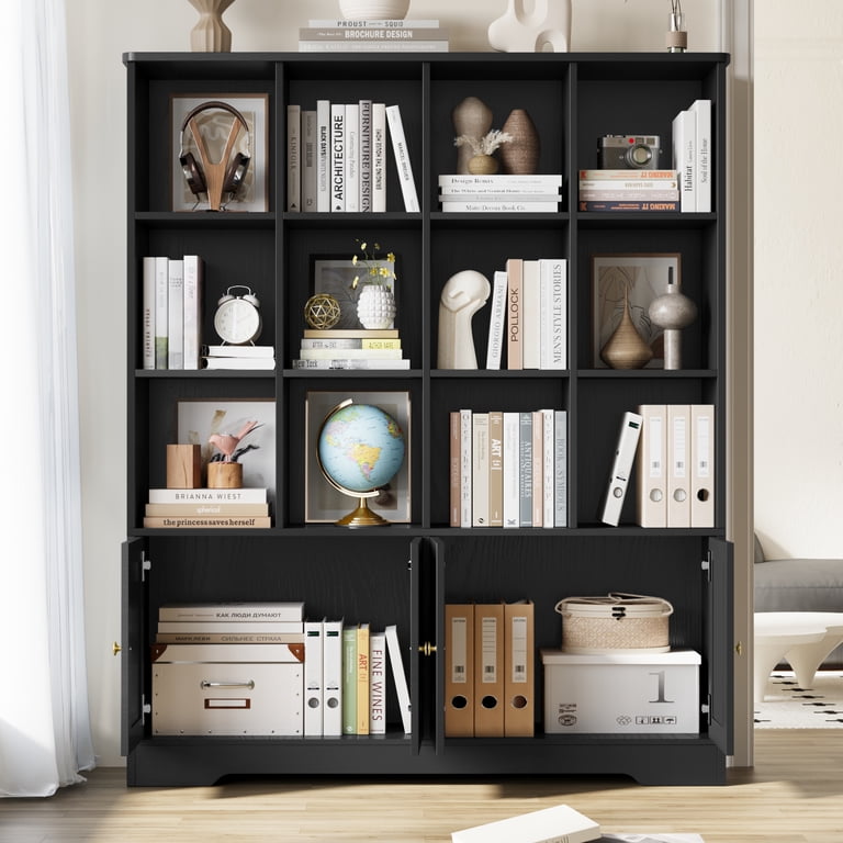Homfa 12-Cube Double Wide Bookcase with Doors, Black photo 4