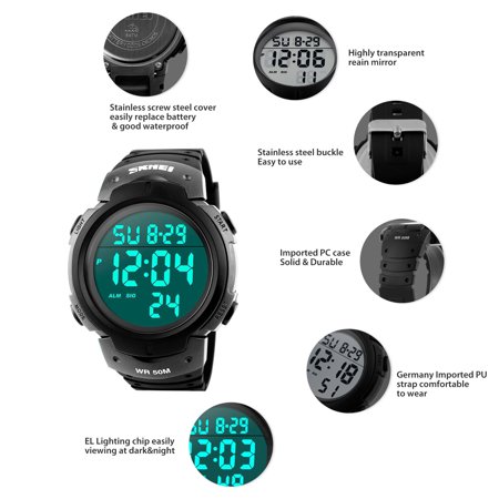 Menâs Digital Sports Hand Watch, LED 50M Waterproof Wrist Watch, Military Large Watches for Men