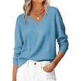 thumbnail image 2 of Suéter de Larga con Cuello en V para Mujer, Estilo Casual Clásico de Otoño, Suave y Holgado, Básico, Tipo Jersey Azul Tranquilo XXL, 2 of 10