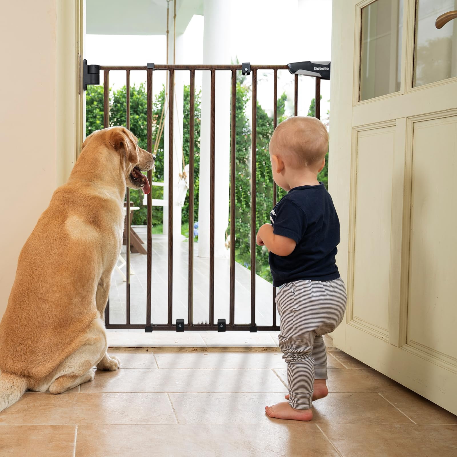Gate for Stairs & Doorways, 26-43" W 34" H Extra Tall| No Bottom Bar| Easy Installation| One-handed Operation| Auto-close| Hardware Mount (Drill Needed) Safety Dog/Pet Gate Indoor (White)