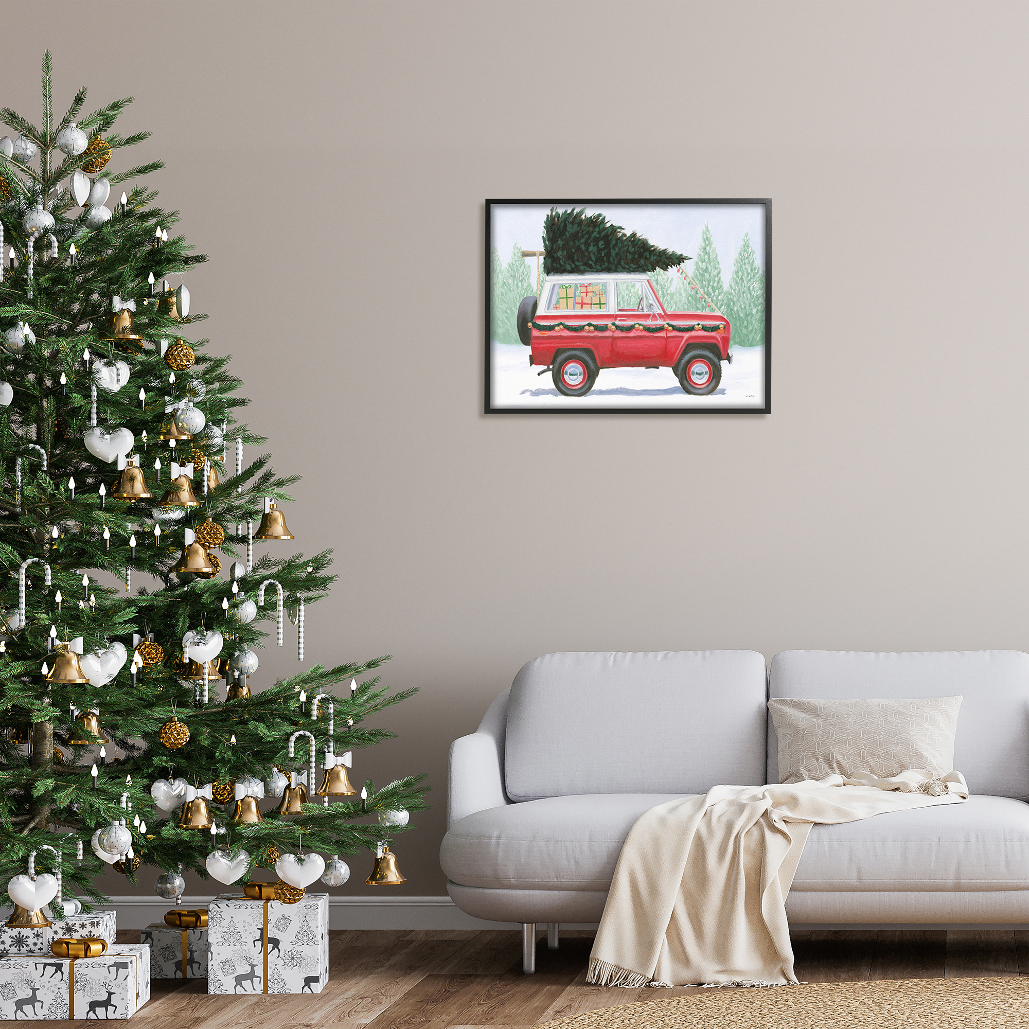 Indtries Red Utility Truck Winter Christmas Tree Snowy Forest 30 in x 24 in Framed Painting Art Prints, by Stupell Home Décor