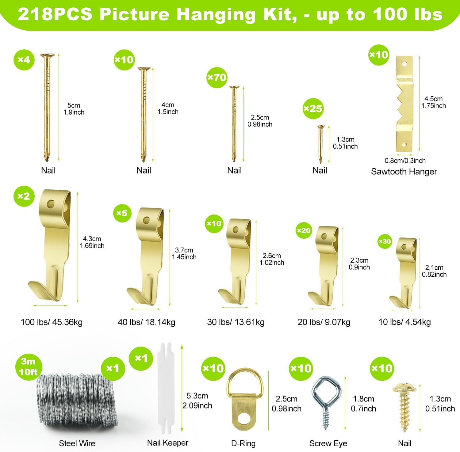 Picture Hanging Kit Assorted Hooks and Nails, Heavy Duty Frames Hangers, Wall Hooks, Nails, Nail Keeper, Sawtooth, Wire, D Ring, Wall Hanging Kit for Art, Canvas, Mirror