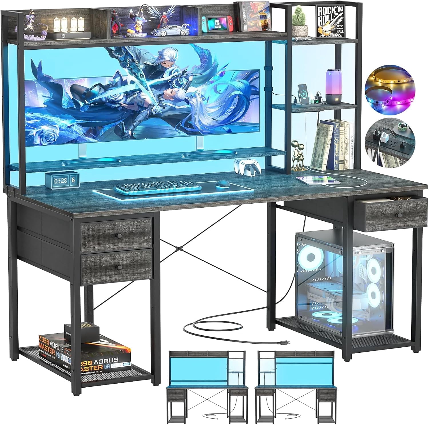 iSunirm Computer Desk with Storage & Hutch, 55.2'' Rectangle Gaming Desk with LED Light, Reversible Office Desk with Power Outlets, Comes with 3 Drawers, Large Workstation Desk for Home, Black Oak
