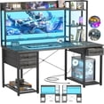 thumbnail image 4 of iSunirm Computer Desk with Storage & Hutch, 55.2'' Rectangle Gaming Desk with LED Light, Reversible Office Desk with Power Outlets, Comes with 3 Drawers, Large Workstation Desk for Home, Black Oak, 4 of 10