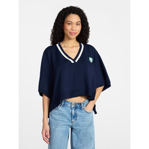 No Boundaries Varsity Cropped Sweater, Lightweight, Women's S-3XL