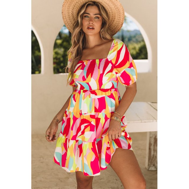 FOLUNSI Mini Smocké à Imprimé Géomatique Vibrant : Style Estival Grésillant