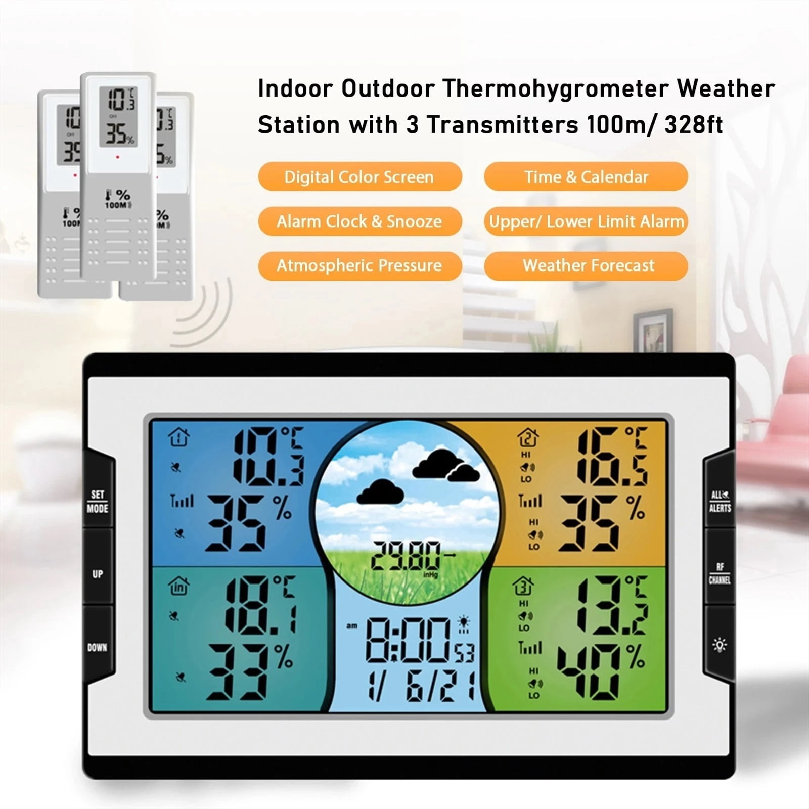Digital Weather Station with 3 Remote Sensors 328ft/100m Indoor Outdoor Temperature Humidity Monitor Alarm Clock for Home Office ,Excellent Visual Experience