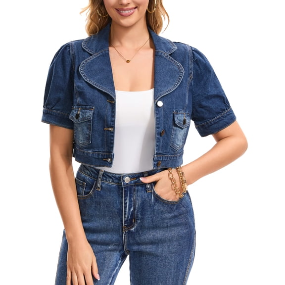 INSPIRE CHIC Womens Cropped Denim Jacket 2026 Trendy Short Sleeve Jean Jackets Bolero Shrug S Blue