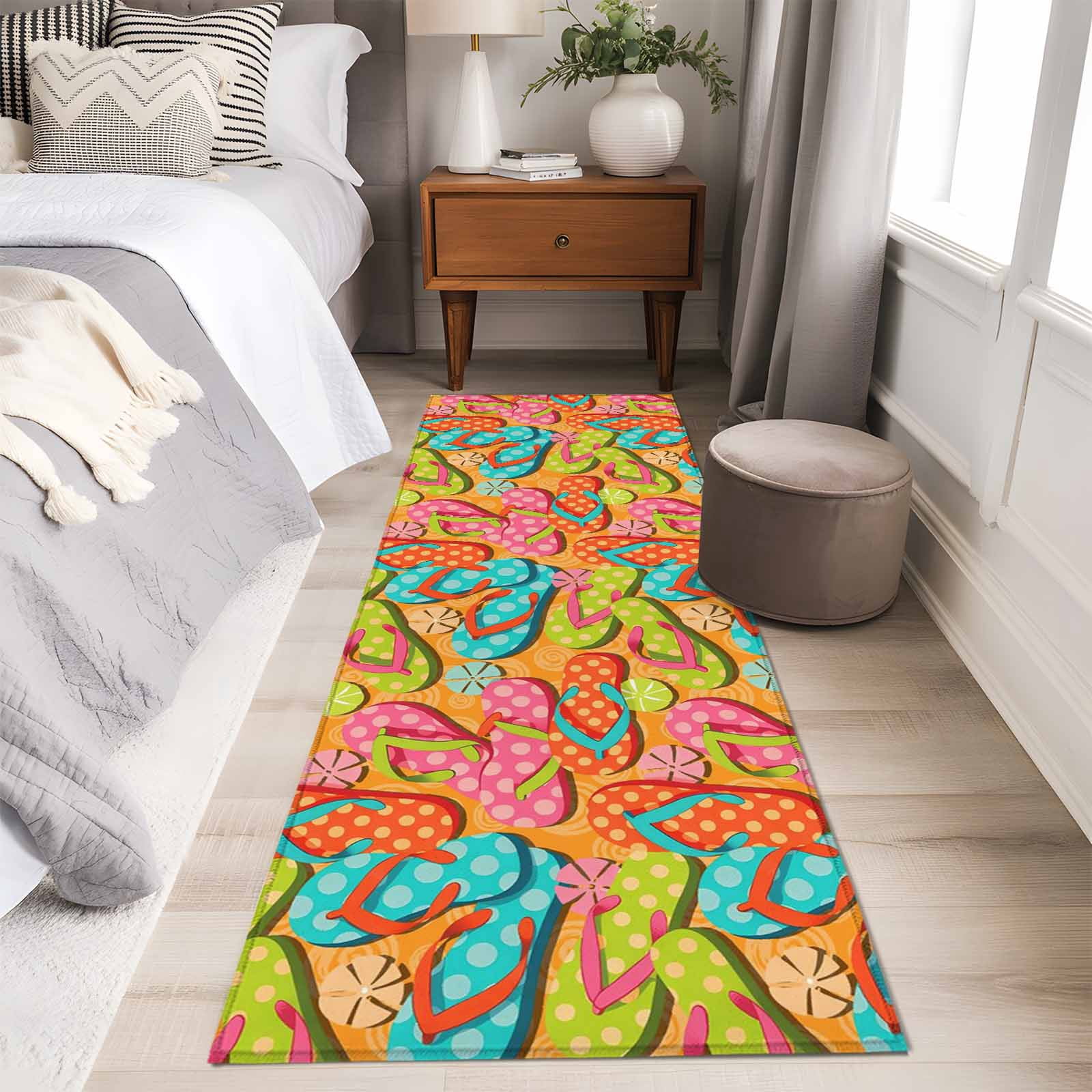 Watercolor Flip Flop 2'x6' Runner Rugs for Hallway Kitchen Bedside Non Slip Washable, Summer Coastal Beach Slippers Entryway Rug Runners with Rubber Backing, Long Carpet Runner for Laundry Room