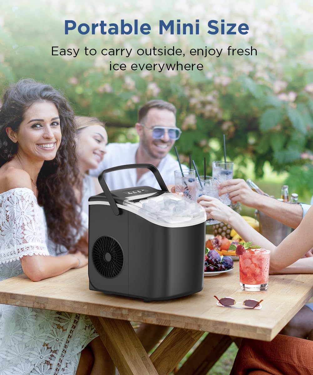 Ice Maker Countertop, Portable Ice Machine with Self-Cleaning, 26.5lbs/24Hrs, 9 Bullet Ice Cubes in 6 Mins, Ice Basket and Scoop, Ideal for Home, Kitchen, Bar, Camping