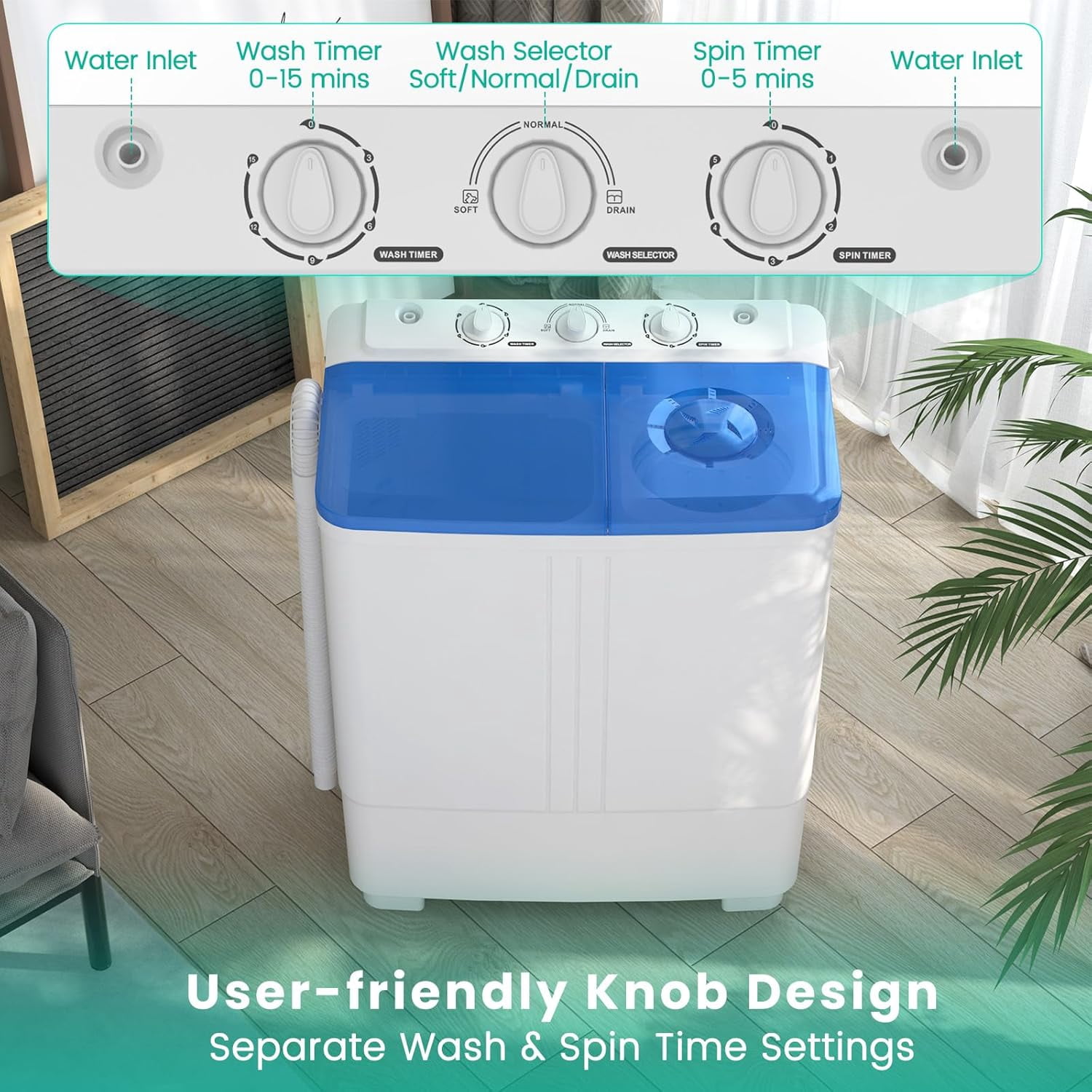 Auertech 20 Lbs Portable Washing Machine, Portable Washer for Apartment with 12 Lbs Washer, 8 Lbs Spinner, Mini Compact Top Load Washing Machine for RV Dorm