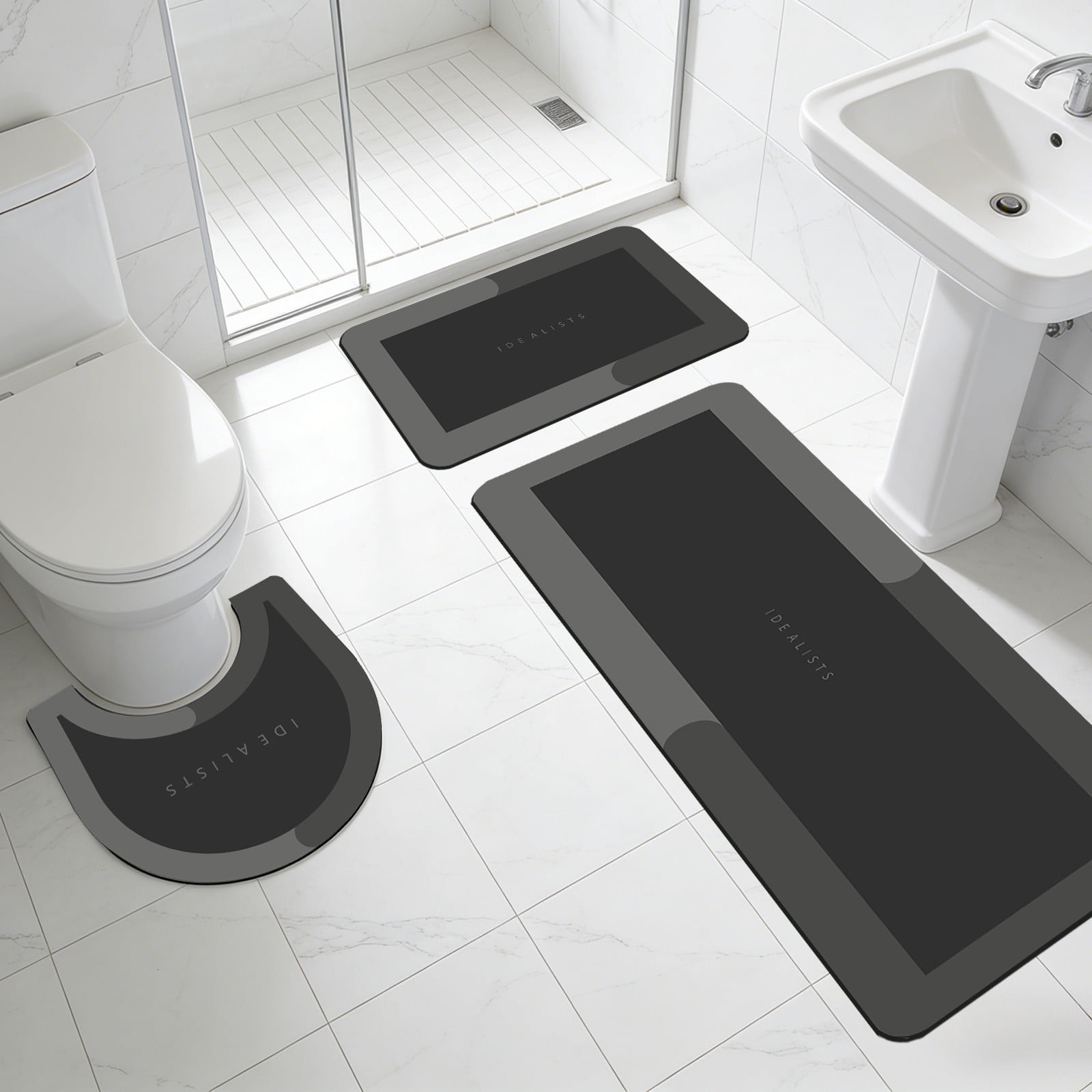 AuroraX Stone Bathroom Rug Set 3 Piece with Black Absorbent Non Slip Rubber-Backed Diatomaceous Earth Bath Mat Long Rug Runner U-Shaped Toilet Rug Washable Quick Dry Bath Rug Set for Bathtub,Shower