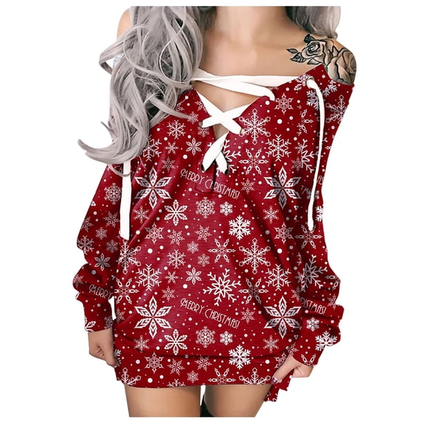 Mini vestido estampado navideño para mujer, informal, de manga larga, con hombros descubiertos, suéter, vestido de fiesta a la moda con tiras Fridja fhghd4732