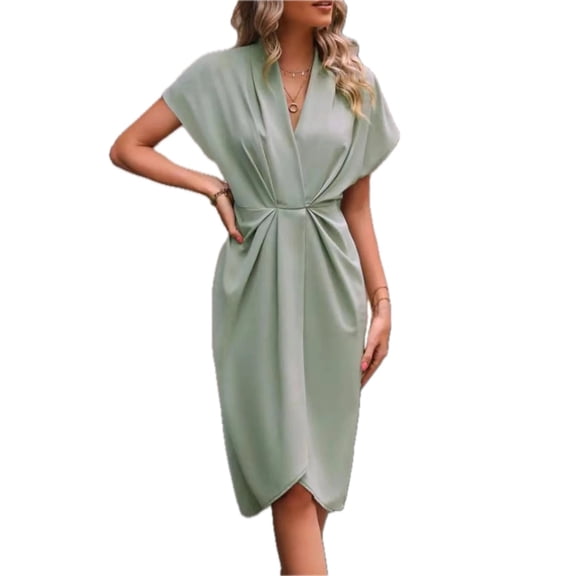Women's Ruched Surplice Short Sleeve Dress 95% polyester 5% spandex for flattering fit and comfortable wear everyday