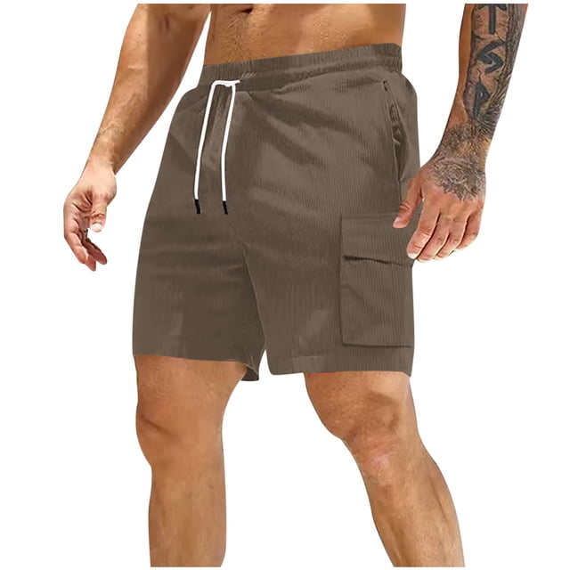 Mens Pantalones Cortos Cintura Elástica con Bolsillos Color Sólido Corduroy Ropa de Trabajo Casual Pantalones Cortos, Corduroy
