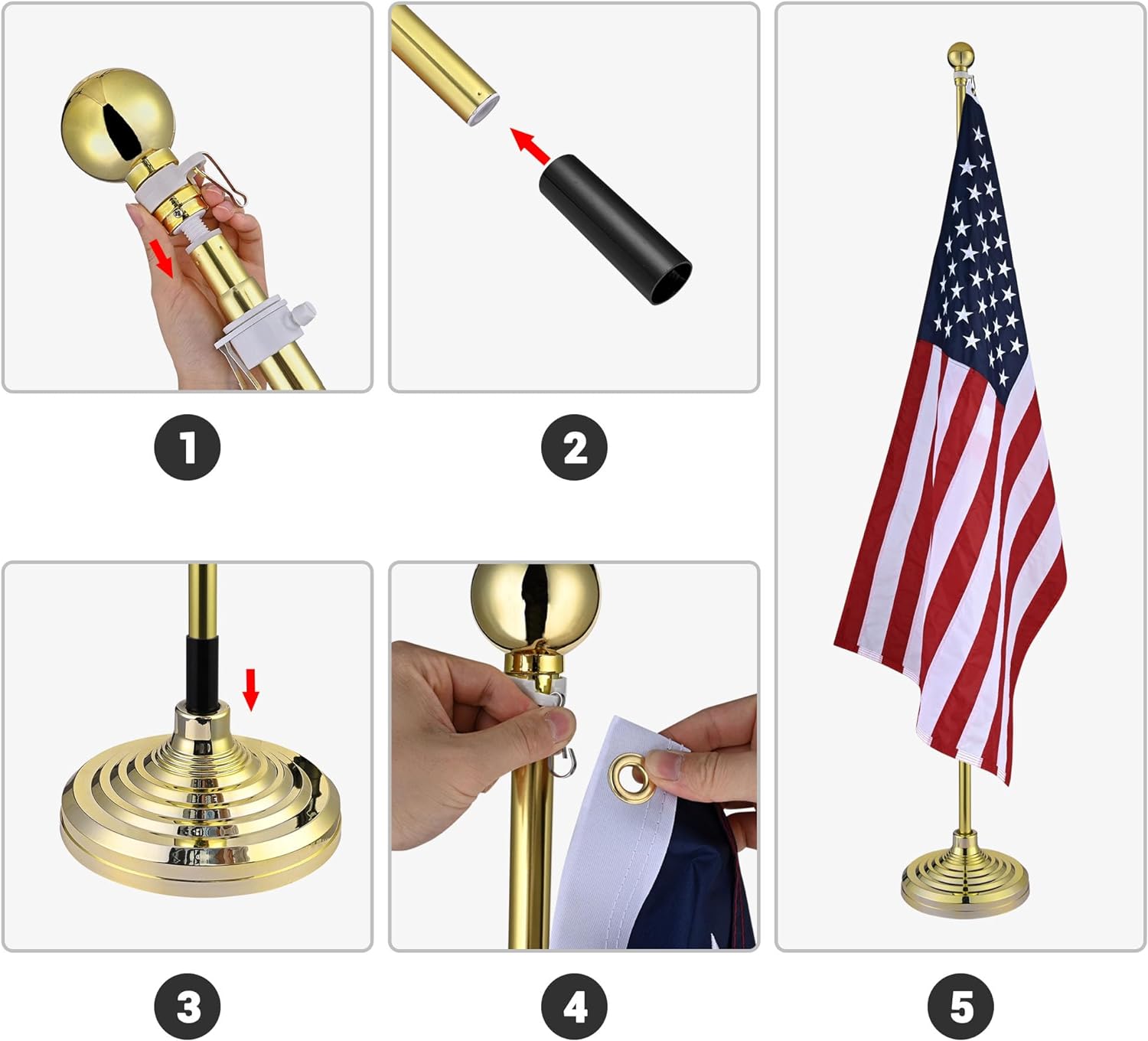 Yescom 6FT Telescoping Indoor Flag Pole Kit Aluminum Gold Pole Ball Topper with 3x5Ft Embroidered Stars US Flag & Base Stand Office