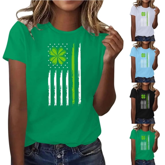 BiZtdJrK St.Patrick's Day Shirts for Women Irish Cute Shamrock Graphic T Shirt Funny Short Sleeve Holiday Tee Tops Green S