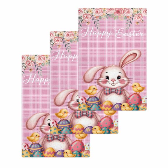 Pink Easter Bunny Kitchen Dish Towels for Drying Dishes Set of 3, Spring Easter Eggs Chicken Floral Plaid Waffle Weave Microfiber Hand Tea Bathroom Towels Quick Dry & Absorbent Towel 15.7x23.6
