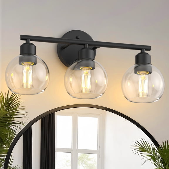 YANSUN 17.7 in 3-Light Bathroom Vanity Light Fixtures Over Mirror, Black Bathroom Light Fixtures with Clear Globe Glass Shades, for Bathroom, Powder Room, Vanity Table
