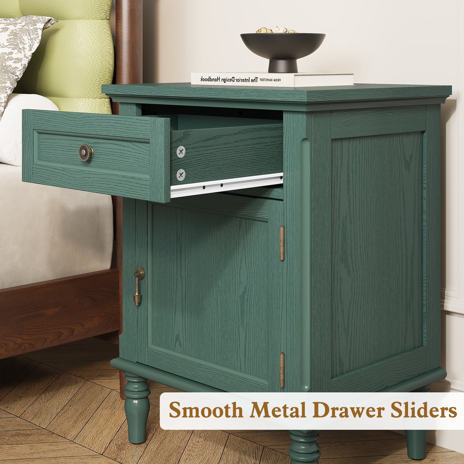 HLR 25"H Nightstands Set of 2, Modern Retro Bedside Table with Drawer, End Table for Bedroom, Green
