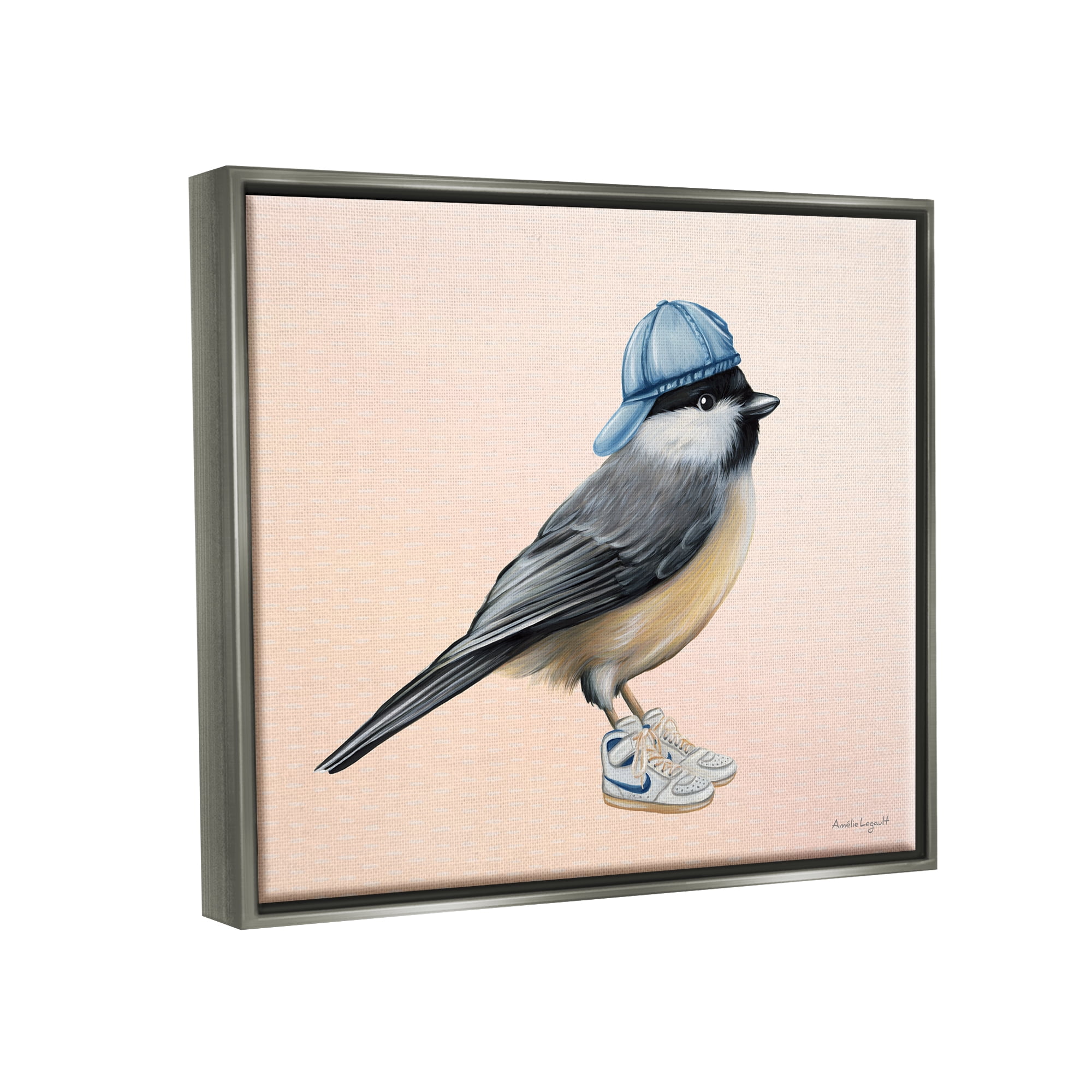 Stupell Industries Hip Chickadee Bird Backwards Hat Trendy Sneakers Graphic Art Luster Gray Floating Framed Canvas Print Wall Art, Design by Amelie Legault