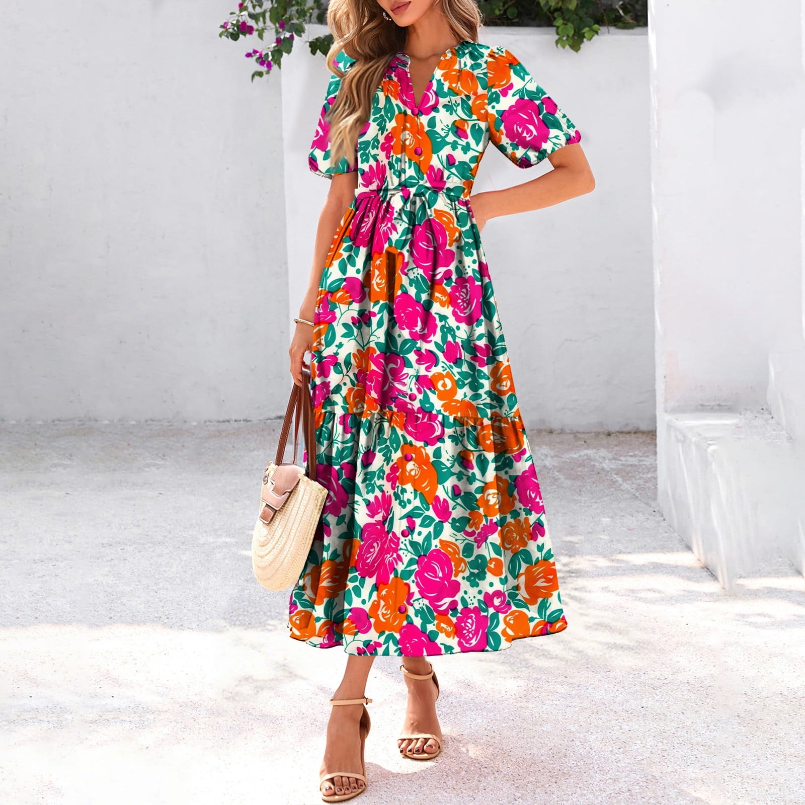 Weiqiqre Women's Dresses Floral V Neck Puff Sleeve Empire Waist A Line Flowy Long Beach Boho Dress