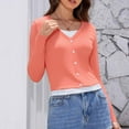 thumbnail image 2 of Lenpel Crop Tops for Women Trendy Long Sleeve V Neck Lace Patchwork Button down Slim T Shirts Soft Casual Blouses(Pink,Large), 2 of 7
