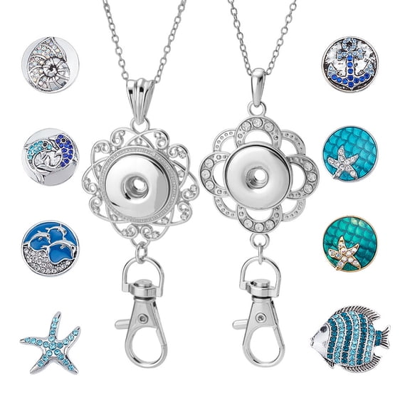 12Pcs Snap Jewelry SetID Badge Holder Snap Button Lanyard Necklace Making Kit8 Styles Alloy Hang Base Pendants with Stainless Steel Chains