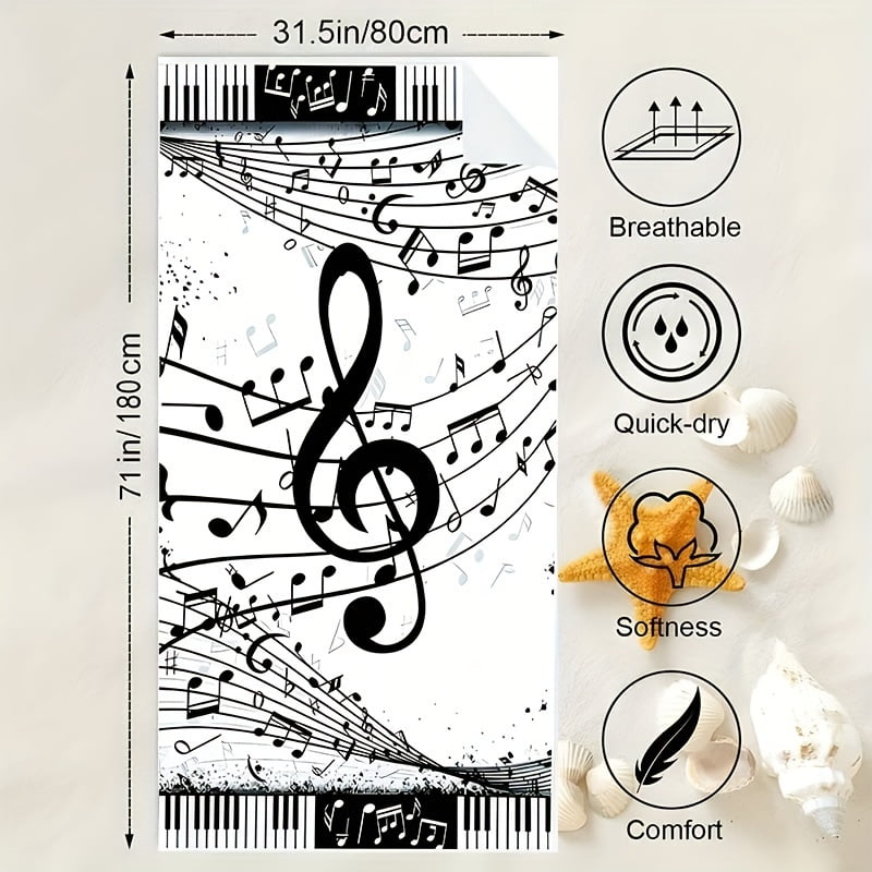 Quick-Dry Music Beach Towel Super Absorbent Bath Towels - Windproof, Microfiber, Bohemian Style Black & White Musical Notes Design - Ideal for Sports, Travel, Swimming, Yoga