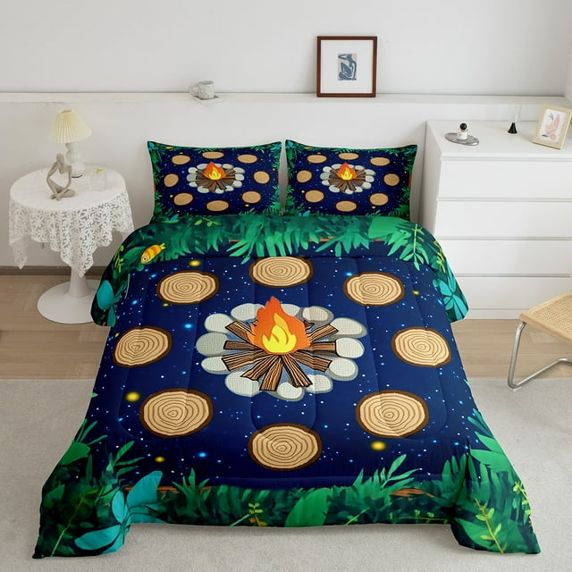 Erosebridal Nature Adventure Bedding Full Comforter Set, Rustic Camper Down Comforter, Cartoon Plant Decor, Reversible