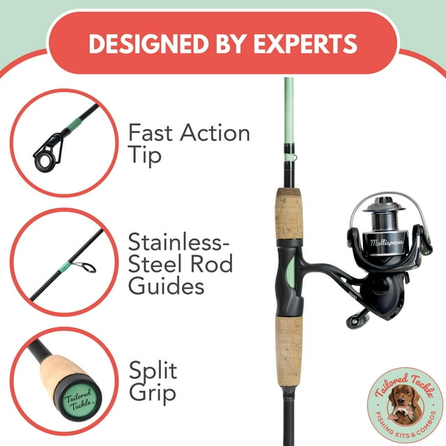 Tailored Tackle Universal Multispecies Rod and Reel Combo Fishing Pole, Freshwater & Inshore Saltwater, Poles 6 Ft 6 in Rods Medium Fast Action, Spinning Reels 7BB