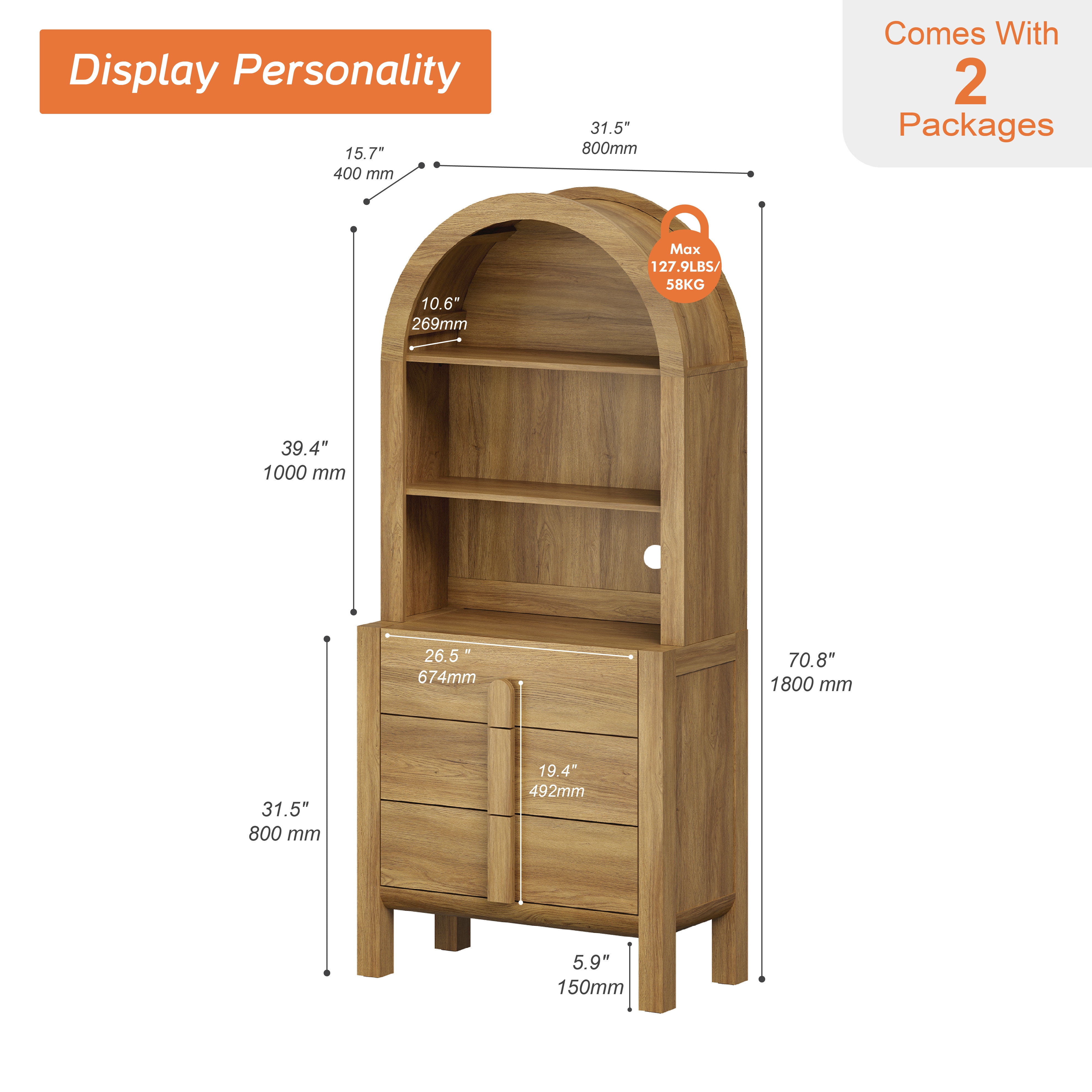 71” Tall Arched Bookshelf, Modern 3 Tier Bookcase with Open Storage, Wooden Display Cabinet with Drawer and Adjustable Shelves, Versatile Bookshelf for Living Room, Study, Office