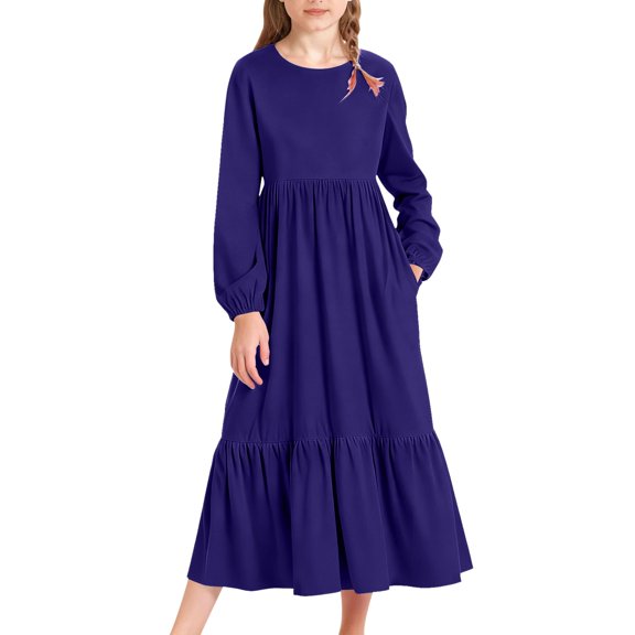 EnJoCho Girls Summer Maxi Dress Girls Spring Long Sleeve Dresses Girl Casual Maxi Dress with Pockets Kids Formal Party Dress Ruffle Hem Loose Dresses